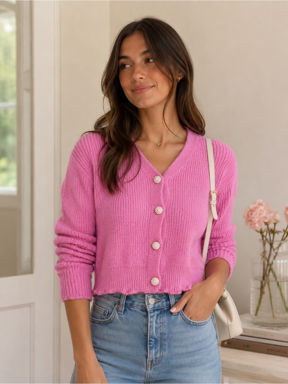 SHEIN Bubblegum Pink V-Neck Button-Up Knit Cardigan